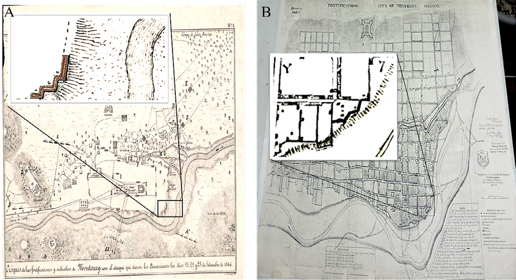Figura 6. Redanes triples identificados en los planos históricos: A. Plano de Arteaga y Compañía (1846). Fuente: University of North Texas Libraries. The Portal to Texas History; B. Plano de Joseph K. Mansfield, J.M. Scarrit y F. Gardner (1846). Fuente: Archivo Histórico Municipal de Monterrey. Copia fotostática