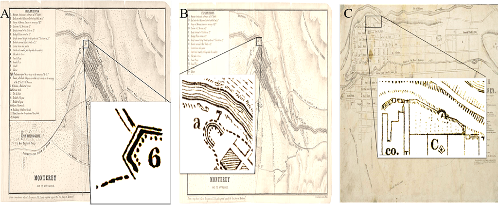 Figura 7. Baluarte de diseño trapezoidal: A. Plano de Calvin Benjamin (1847); Baluarte semicircular: B. Plano de Calvin Benjamin (1847); C. Plano de C.R. Norman (1846). Fuente: University of North Texas Libraries. The Portal to Texas History