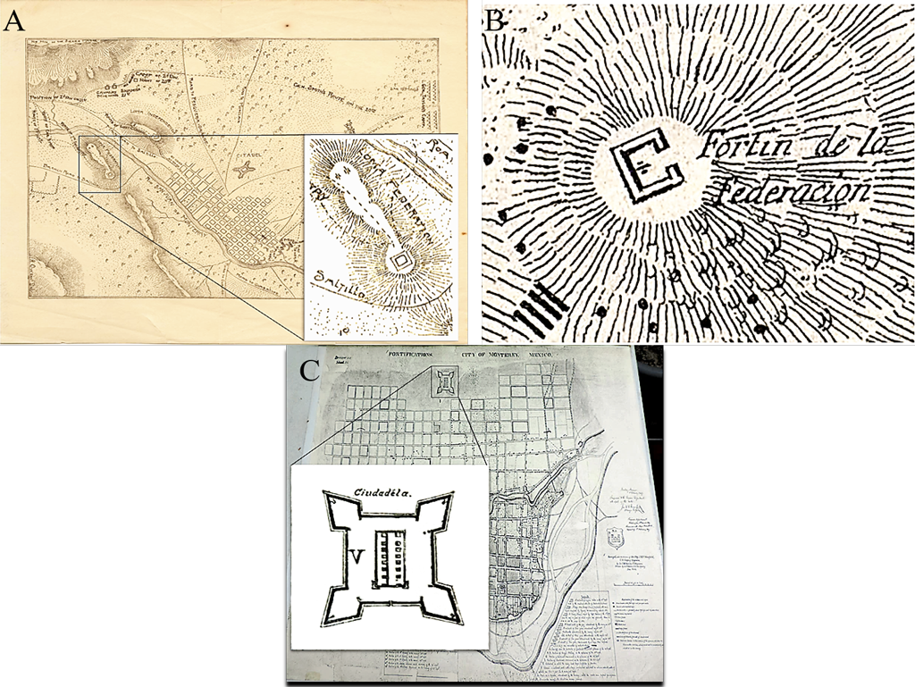 Figura 9. Reducto cuadrado de la Loma de la Federación de Monterrey: A. Plano de A. Owen (1846); B. Detalle del reducto de la Federación en el Plano de Arteaga y Compañía (1846). Fuente: University of North Texas Libraries. The Portal to Texas History; C. Fuerte con baluartes de la Ciudadela. Plano de Joseph K. Mansfield, J.M. Scarrit y F. Gardner (1846). Fuente: Archivo Histórico Municipal de Monterrey. Copia fotostática