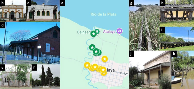 Figura 2: Plano del pueblo de Atalaya y mapeo de sectores. a: En amarillo, los espacios y construcciones que se encuentran en el pueblo y se asocian a los saladeros. En verde, las estructuras asociadas estrictamente con el sector productivo de los saladeros, b: Capilla “Santa Rosa de Lima”, c: Sociedad Italiana “Il leone di Caprera”, d: estación de ferrocarril “Atalaya”, e: “casa del contador”, f: Boulevard del Camino Blanco, g: muelle principal, h: muelle principal, i: muelle principal, j: la antigua aduana, k:embarcaderos y amarraderos