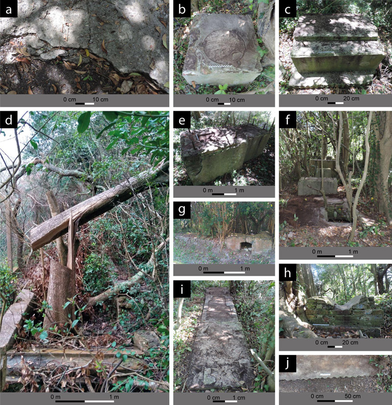 Figura 5: Estructuras relevadas en el Sector 1. a: Estructura “Piso 1”; b: Estructura A; c: Estructura B; d: Estructura “Pileta”; e: Estructura C; f: Vista de las estructuras G, F, D y C; g: Estructura E; h: Estructura G; i: Estructura H; j: Estructura “Piso 2”