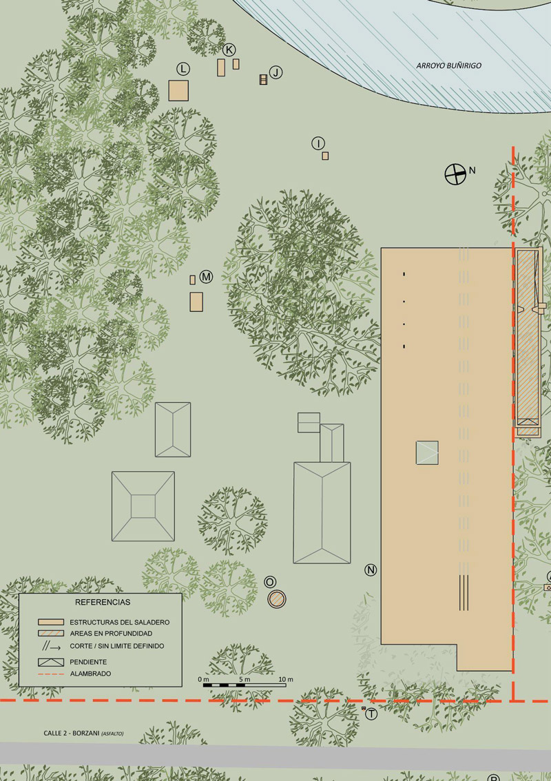 Figura 6: Plano en detalle del Sector 2 del sitio Saladero Repetto y Cía. y sus estructuras. En naranja, estructuras pertenecientes al saladero. En líneas negras, viviendas actuales no vinculadas a los saladeros, se señala la pendiente de caída de los techos. I, J, K, L: bases de maquinarias. M: estructuras de la “Cocina de patas y pezuñas” y “Grasería”. N: playón de faenado. O: funcionalidad desconocida. T: canaleta