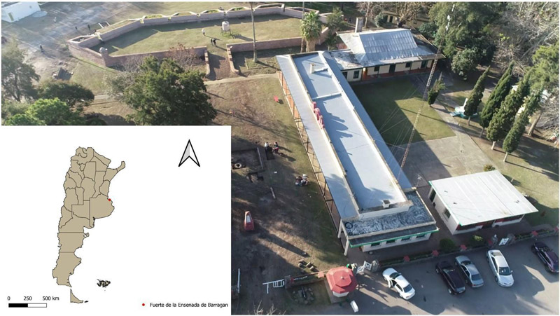 Figura 1. Monumento Histórico Nacional Fuerte Barragán, Ensenada, provincia de Buenos Aires. Fotografía propia. Mapa elaboración propia a través de la utilización del software QGIS v. 3.16.6 “Hannover” (http://www.qgis.org/es/site/)