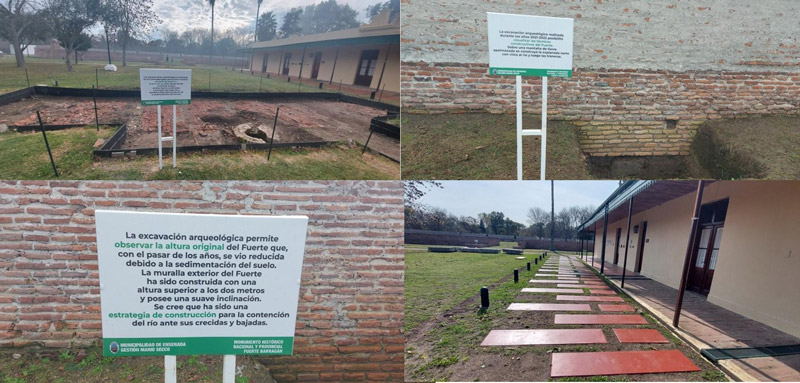 Figura 6. Colocación de cartelería, baldosas y luces en el sendero diseñado en el Fuerte Barragán. Fotografías propias