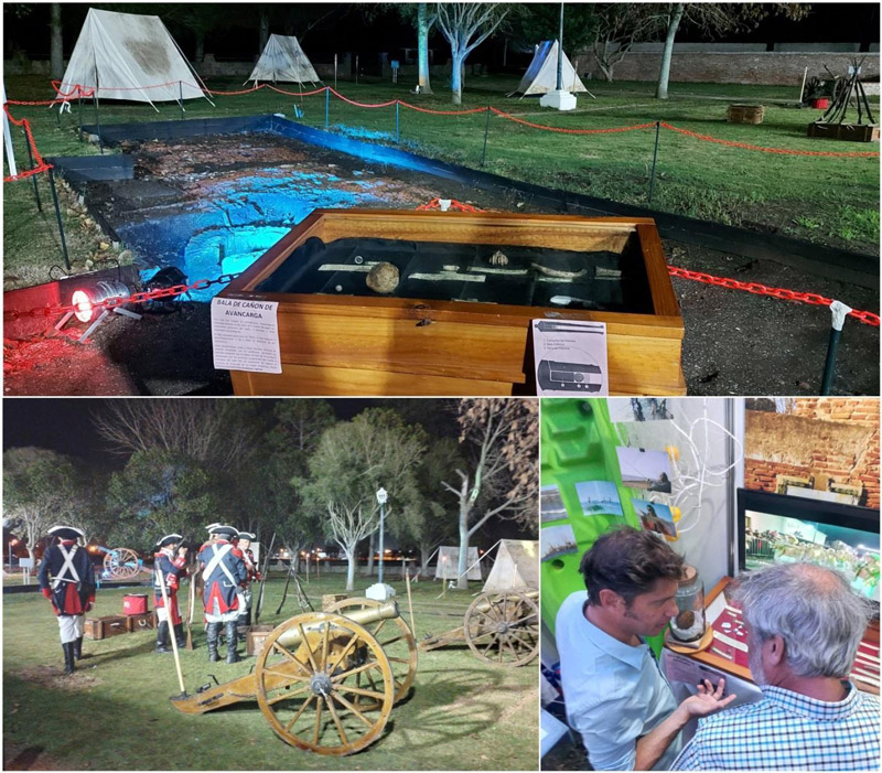 Figura 7. Arriba y abajo (izquierda) exposición de materiales arqueológicos recuperados del Fuerte Barragán de Ensenada durante la Noche de los Museos (mayo 2023). Abajo (derecha) Integrante del Centro de Estudios Arqueológicos Regionales (F.O) junto al Gobernador de la Provincia de Buenos Aires en el 203 Aniversario de la provincia. Fotografías propias
