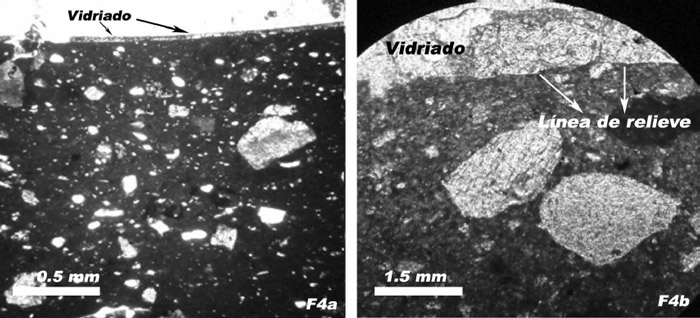 Figura 4. a y b. Microfotografías en las que se puede observar la capa de vidriados sobre la cara externa del fragmento en objetivo de 4X (F4a) y 20X (F4b). Como se señala en la figura 4b, se advierte la presencia de una delgada línea de relieve que separa el vidriado de la pasta