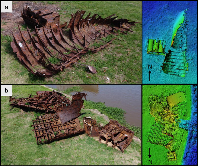 Figura 5. Restos del Paraguarí en el Arsenal de Marina. a: Foto y vista en planta del Grupo 1; b: Foto y vista en planta del Grupo 2. (Fuente: Imagen y modelo de C. Delaere).