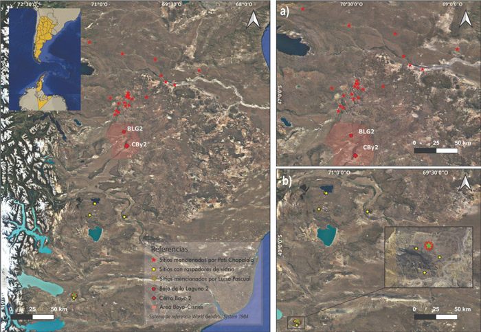 FIGURA 3 a y b. Ubicación de los sitios (Bajo Laguna y Cerro Bayo), y las residencias y sitios informados por los informantes tehuelches en Patagonia Centro Meridional. Pati Chapalala Figura 3 a y Luisa Pascual Figura 3 b. Sistema de Coordenadas: WGS84. Autora: Mariana Sacchi, Abril de 2026