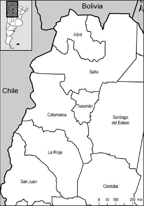 Figura 3. Detalle de las provincias de la actual República Argentina que integraron los territorios del antiguo Tucumán, primera región del país en que se consolidó la presencia ibérica durante el siglo XVI