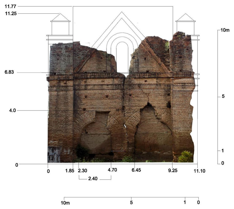 Figura 2. Modelo fotogramétrico de la fachada exterior del templo de Acala con dimensiones. Elaboración propia