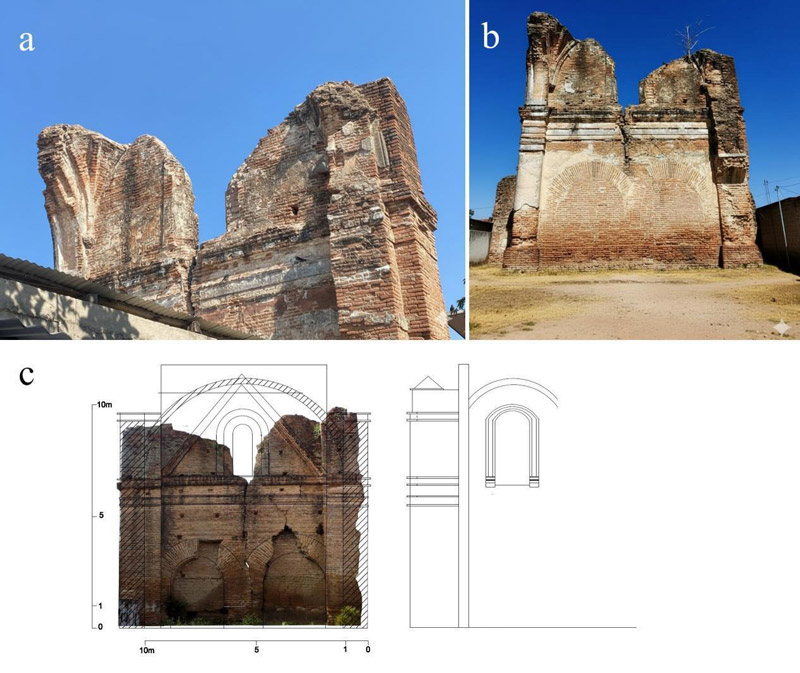 Figura 4a y b: Detalles del interior de la esquina suroeste, mostrando la bóveda nervada; c: Propuesta del enjarje de la bóveda de arista que formaba el primer tramo de la iglesia con la reconstrucción de muro lateral con ventanas. Elaboración propia