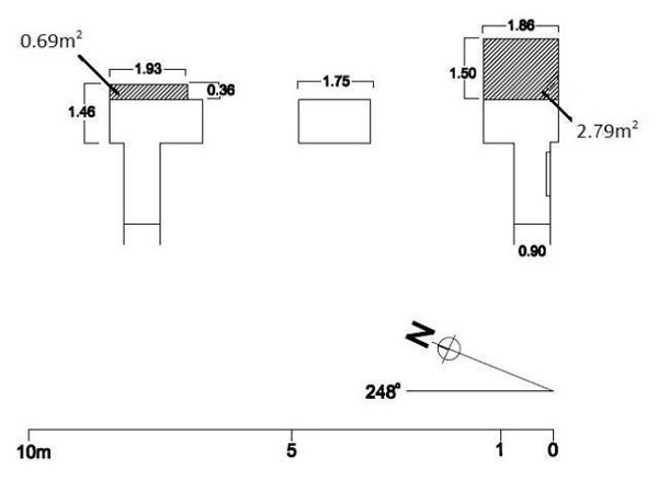 Figura 6. Dimensiones en planta y área de base de las torres-contrafuertes. Elaboración propia