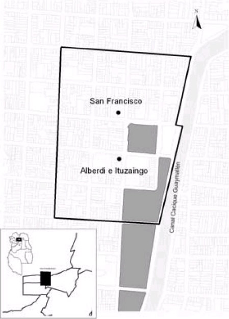 Figura 1. Mendoza, la ciudad y las excavaciones AeI y RS