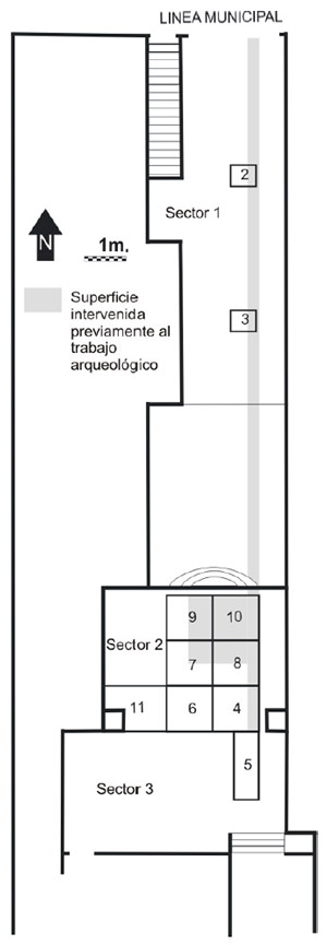 Figura 3. Planta de la porción este de la Parcela 3 (Deán Funes 67) mostrando los sectores definidos y la ubicación de las cuadrículas.