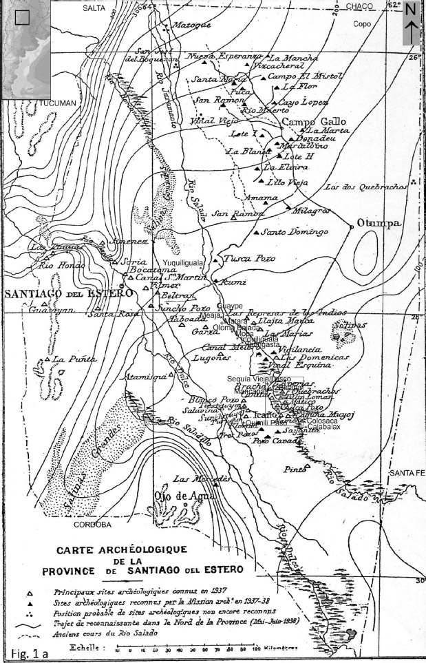 Figura 1. Mapa de la provincia de Santiago del Estero con ubicación de sitios arqueológicos y lugar estimado de pueblos de indios coloniales (modificado de Reichlen 1940). El rectángulo delimita el área de los bañados de Añatuya