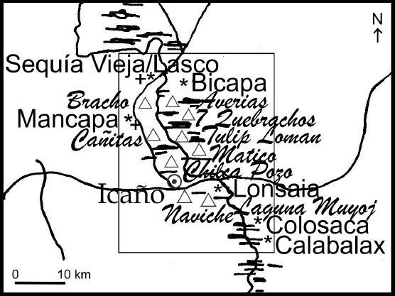 Figura 2. Ampliación del área de los Bañados de Añatuya (ubicación probable según Castro 2014).+ Sitios arqueológicos no indicados por Reichlen * Pueblos de indios