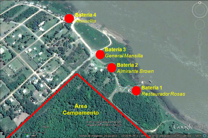 Figura 1. Imagen satelital de Google Earth con la ubicación de las Baterías y el área del Campamento en la Vuelta de Obligado, San Pedro en la provincia de Buenos Aires