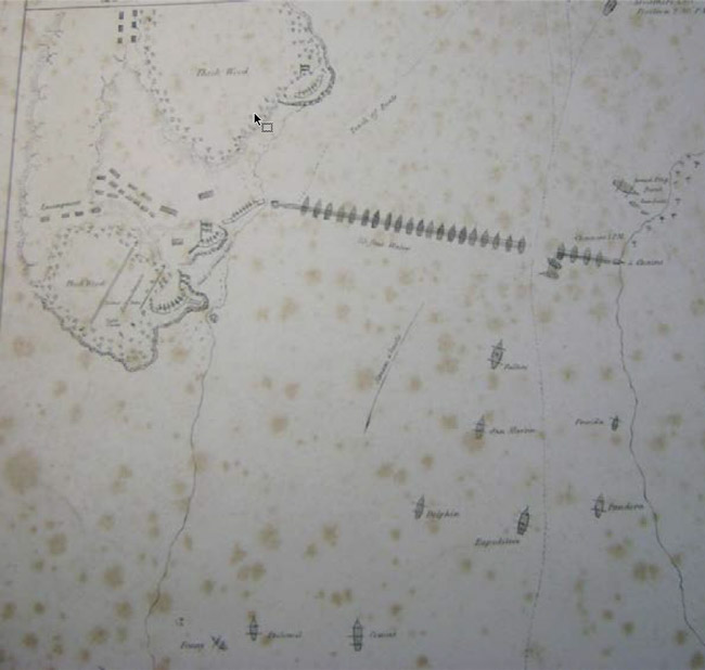 Figura 4. Plano de Obligado del Capitán Sulivan (de la Real Armada Británica): recorte que señala la ubicación de las defensas y la posición de las naves europeas a las 12.30 hs del 20 de noviembre de 1845. Fuente: Museo Naval de la Nación, Buenos Aires.
