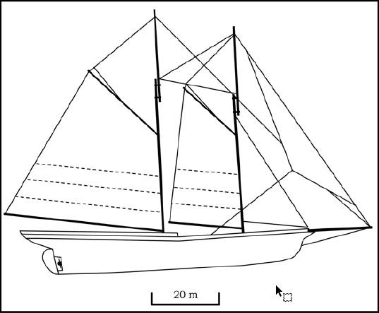 Figura 5. Goleta de pesca diseñada en 1900 con propulsión auxiliar de 125 pies (38,1 m) m de eslora (basado en Leather 2013:323)