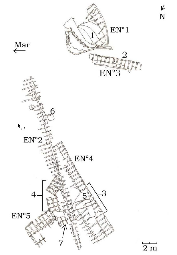 Figura 6. Plano del pecio Colomba; 1: Mamparo de proa; 2: Arraigos de jarcia en EN°3; 3: Arraigos de jarcia en EN°4; 4: Arraigos de jarcia en EN°5; 5: Mamparo de popa; 6: Cilindro metálico; 7: Cama de la bancada de la máquina (Plano: Gutiérrez y Ciarlo 2015, en Gutiérrez 2015:13)