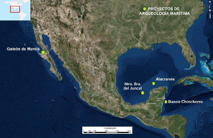 Figura 1. Áreas en las que la SAS desarrolla proyectos de arqueología marítima. Mapa elaborado por M. I. Campos. INAH/SAS. Fuente: Marco Geoestadístico Nacional, INEGI 2005, Imagen satelital ESRI DigitalGlobe