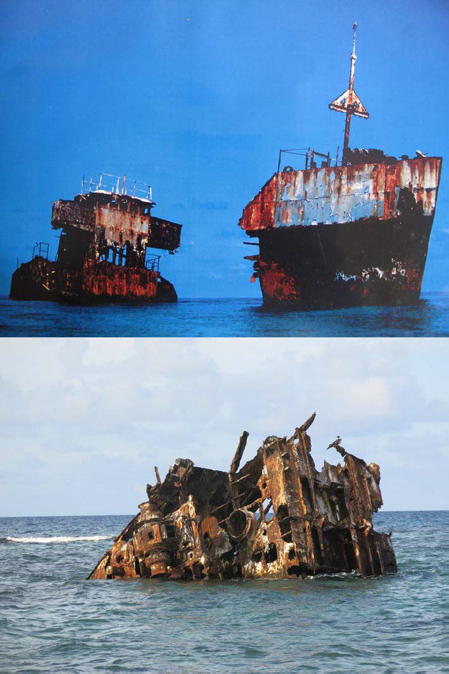 Figura 3. Deterioro del pecio Cassel (ca. 1980-2016). Fotos Cortesía de la CONANP y O. del Río. Archivo: INAH/SAS