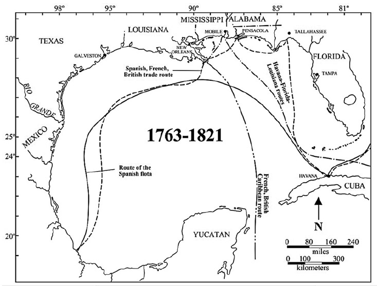 Figura 12. Rutas usuales de navegación en el Caribe noroccidental y Golfo de México, siglos XVIII-XIX (tomado de Pearson et al. 2003:134)