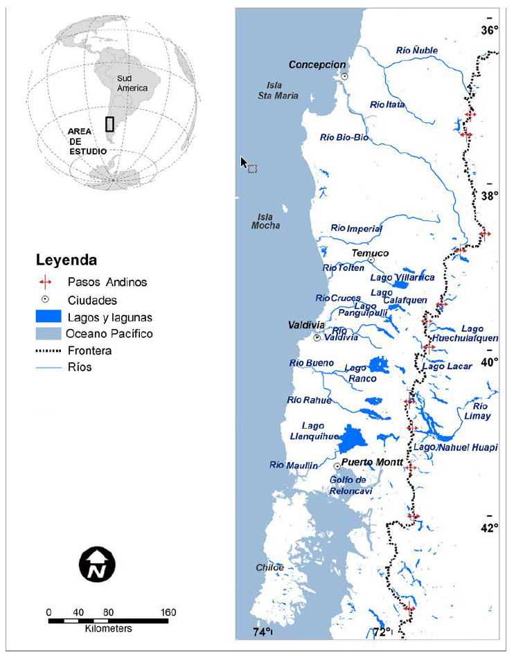 Figura 1. Mapa de la región de estudio y de sus principales cuencas hidrográficas (mapa de A. Farias, reproducido en Lira 2015)
