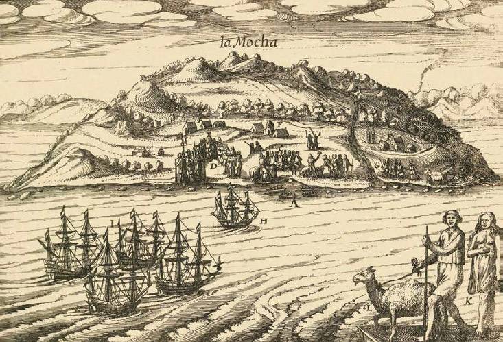 Figura 2. Grabado de Van Spielbergen de la isla Mocha en el que se ve una pareja indígena sobre una plataforma; esta podría ser la única imagen (idealizada) de las balsas utilizadas para cruzar a esta isla (Van Spielbergen 1619)