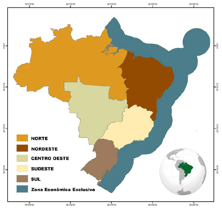 Figura 1. Mapa das regiões do Brasil e Zona Exclusiva Econômica