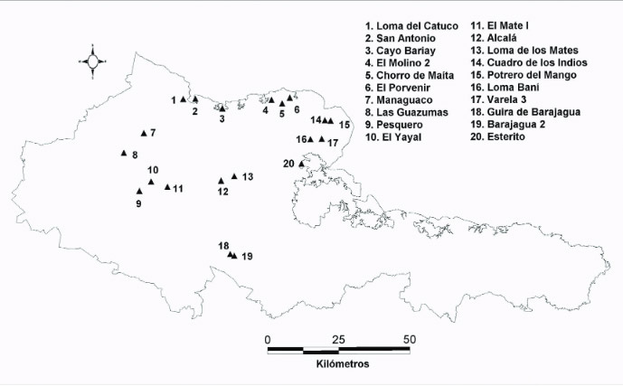 Figura 3. Ubicación de sitios de influencia hispano indígena en el nororiente de Cuba