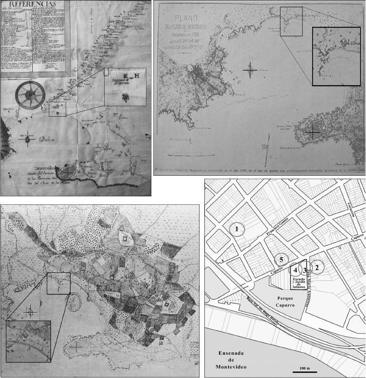 Figura 1: Superior izquierda: “Plano del sitio de Montevideo por el ejército de las Provincias Unidas del Río de la Plata”, “levantado en 1813 por el ciudadano Bartolomé de Muñiz”. Superior derecha: “Plano de Montevideo del año 1789”. Inferior izquierda: “Plano de Montevideo del año 1879”, sin firma. Inferior derecha plano actual. En los tres primeros se realza la representación del Caserío de Filipinas. En el último se indican las ubicaciones del “caserío” que se obtuvieron por la proyección de los planos históricos al plano actual