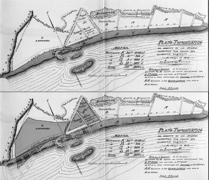 Figura 3: Superposición del plano (1872) de las propiedades de J.B. Capurro que se extendían entre el arroyo Miguelete y el “caserío de los negros” y del “Plano Topográfico del Caserio de los Negros, levantado por orden del Superior Gobierno” en mayo de 1839, firmado por Zacarías Aizpurua