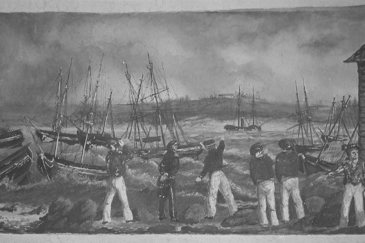 Figura 5: Acuarela de J.M. Besné e Irigoyen donde se registró el siniestro de la corbeta de vapor Gorgon. El 10 de mayo de 1844 un temporal la arrastra contra las barrancas de Capurro. En la parte alta de las barrancas se recorta en el horizonte una gran edificación. De acuerdo a la ubicación y perspectiva esta edificación ha de ser el “Caserío de Filipinas”